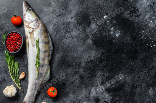 Preview: Raw zander, walleye fish with herbs. Black background. Top view. Copy space