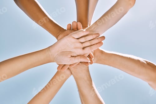 Preview: Below hands stack, group motivation support and trust together outdoor with blue sky. Team hand pil