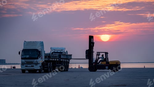 Preview: Silhouette forklift and car truck port waiting container dock crane shipment harbor loading containe
