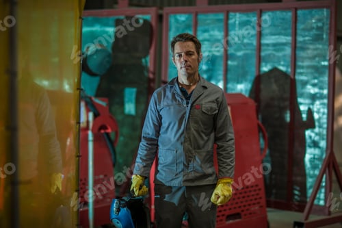 Preview: Portrait of confident man holding a welding mask in a factory