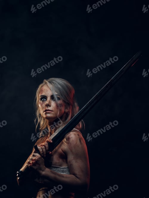 Preview: Naked fantasy woman warrior wearing rag cloth stained with blood and mud