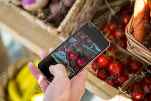 Preview: Hand taking a photo of cherry tomatoes in display in organic section