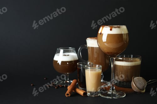Preview: Concept of delicious drink with Irish coffee on black background