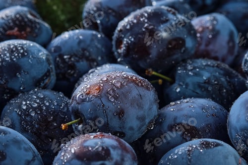 Preview: Background of fresh organic plums in water drops, close-up.