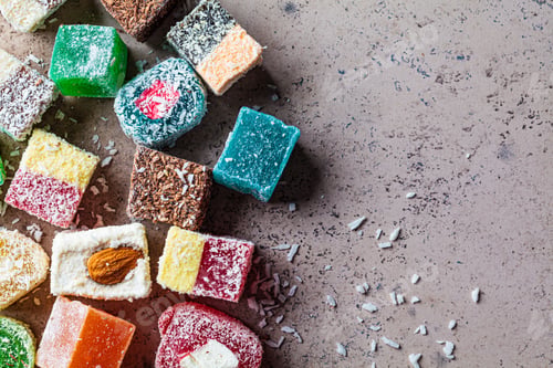 Preview: Turkish delight of different types, dark background.