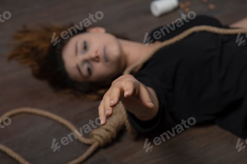 Preview: Young girl laying on the ground with Hangman's knot and ask him for help.
