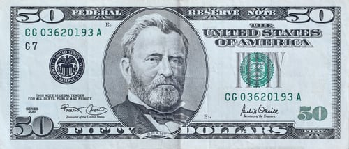 Preview: Portrait of US president Ulysses Simpson Grant on 50 dollars banknote closeup macro fragment