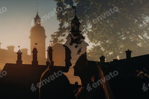 Preview: silhouettes of a couple in love at sunset on the background of the Nesvizh castle