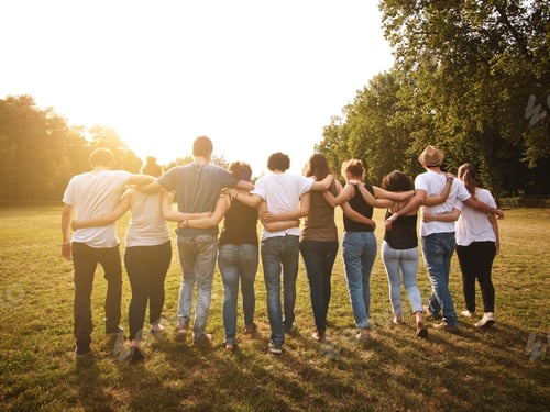 Preview: large group of friends enjoying a summer day at the park, back to school