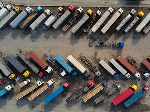 Preview: aerial view of a parking lot of trucks ready for loading containers and delivery