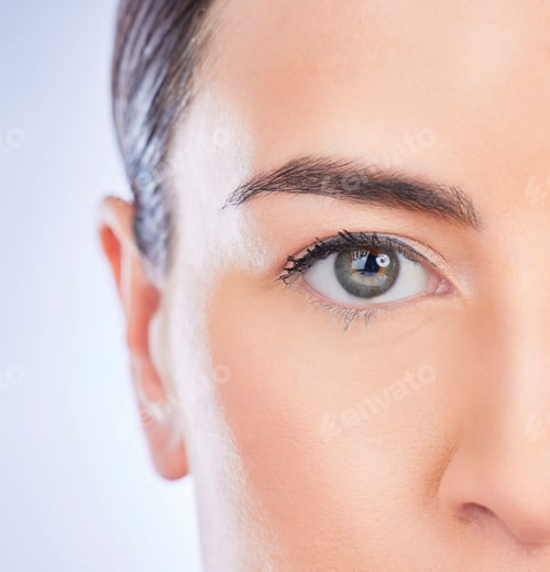 Preview: Closeup, portrait and woman with skincare, cosmetics and dermatology against a studio background. F