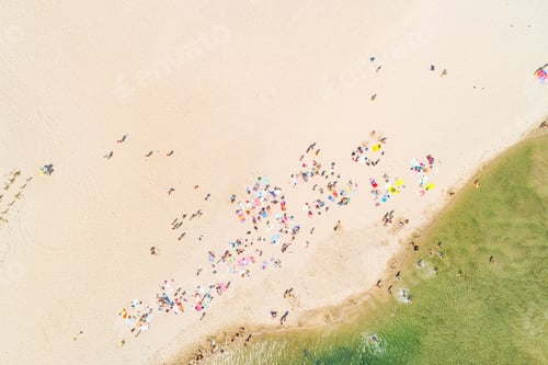 Preview: people on the beach enjoying the summer vacations, aerial top view with a drone.