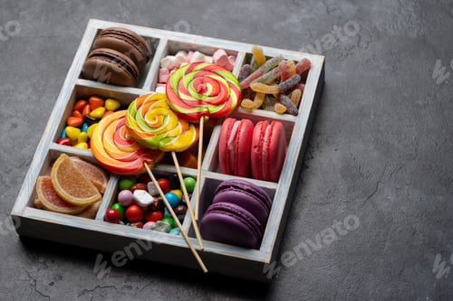 Preview: Various colorful candies, lollipops, and macaroons