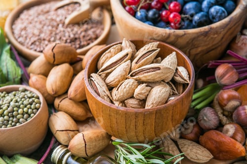 Preview: Ingredients containing vitamin E, natural minerals and dietary fiber, healthy nutrition concept