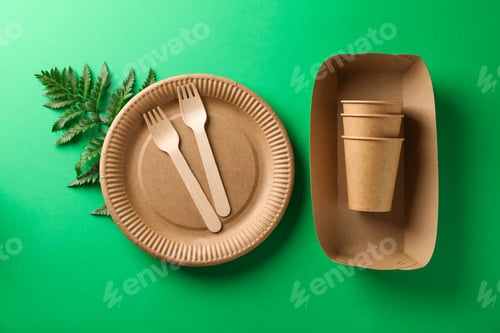 Preview: Concept with eco - friendly tableware and plant on green background, copy space
