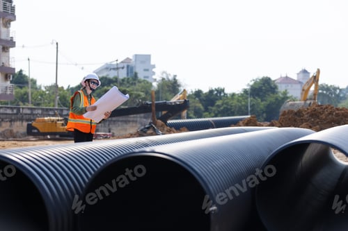 Preview: A female engineer reviews blueprints at a construction site.