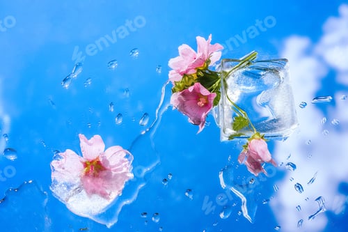 Preview: Bright saturated background with purple flowers thawed out of ice