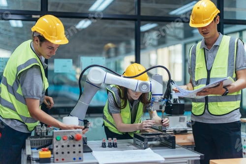 Preview: Trainees programing robotic arm in practical lesson at robotics academy, focusing on hands-on skills
