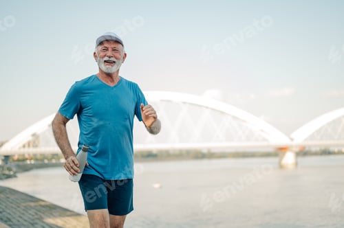 Preview: Senior man running near river with bridge in background