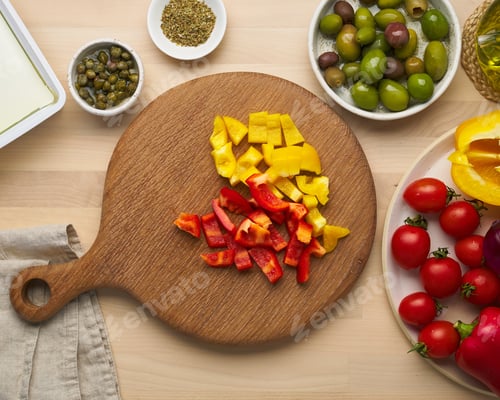 Preview: Vegetarian food. Chopping pepper, cutting vegetables for greek salad horiatiki.