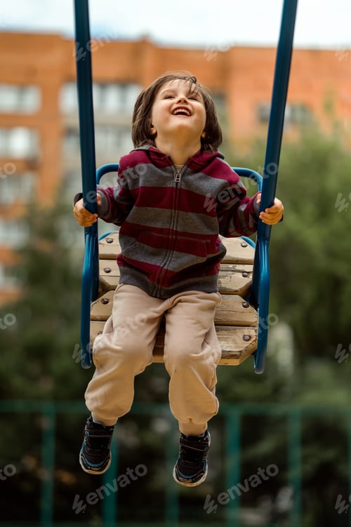 Preview: The boy swings on a swing, in summer in the park on the playground, happy childhood