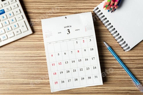 Preview: Desk calendar shows March 2019 with notes and tools for planning daily tasks and appointments