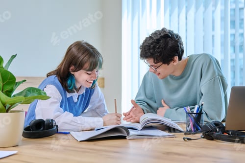 Preview: College students teenage guy girl talking sitting together at desk in classroom