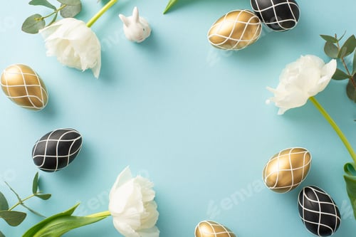 Preview: Premium Easter concept in a top-view photo. Showcases rich black and gold eggs