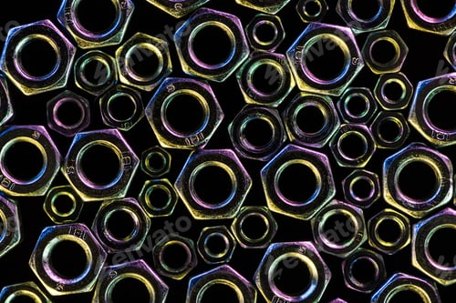 Preview: top view of shiny diverse metal nuts isolated on black