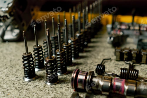 Preview: close up At service station on the table there are car spare parts from the car, spring fasteners