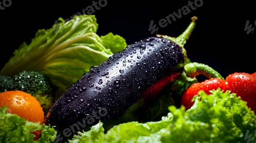 Preview: Closeup image of fresh washed eggplant and garden vegetables over black background. Background for