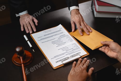 Preview: Businessman hands money envelope to lawyer in bribe over illegal business contract documents Investi