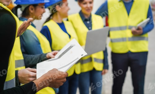 Preview: Engineer people working inside robotic factory - Industrial and technology concept
