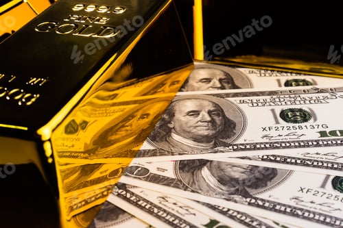Preview: Close up of Gold bars and banknotes. financial concept