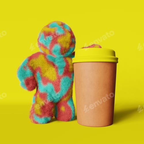 Preview: Cute plush rainbow Yeti coffee cup mockup Hot drinks take away food delivery colorful banner design.