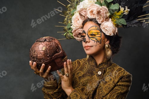 Preview: Portrait of woman in sugar skull makeup holding a skull . Catrina portrait.