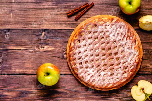 Preview: Homemade apple pie with cinnamon on a wooden background.