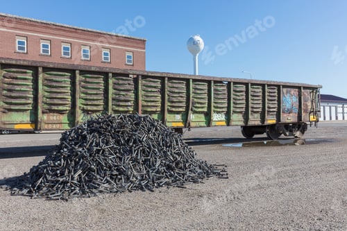 Preview: Railroad depot, a boxcar train wagon and a heap of discarded metal pins, track spikes.