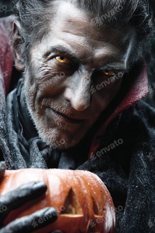 Dracula-Creepy individual in cloak holding carved pumpkin with eerie golden eyes.
