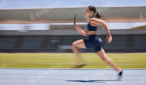 Preview: Fitness, speed and runner, woman running relay race with athlete and training on stadium track for