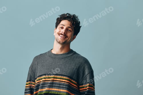 Preview: Man sweater trendy confident stylish face portrait copyspace emotion handsome smile studio fashion