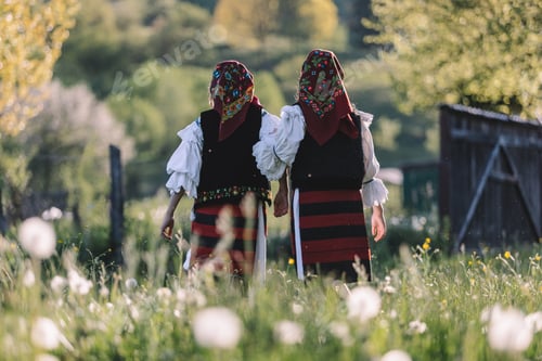 Preview: Young girls dressed in traditional costumes, walking in a beautiful garden.