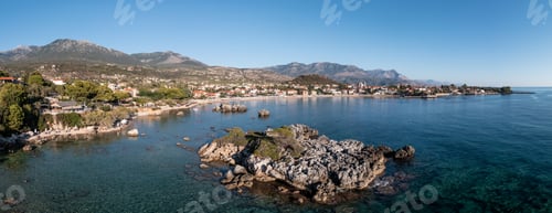 Preview: Greece Peloponnese. Stoupa seaside village and beach, aerial panorama view. Mani, Messenia