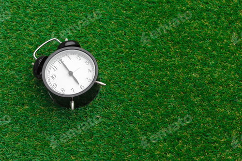 Preview: Black alarm clock resting on bright green artificial grass during daytime hours