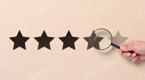 Preview: Five star rating and a magnifying glass in a woman's hand. Customer reviews