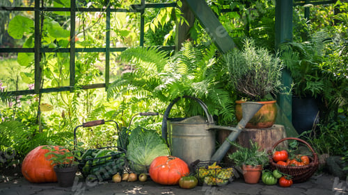 Preview: Harvest in the garden with vegetables and fruits in summer