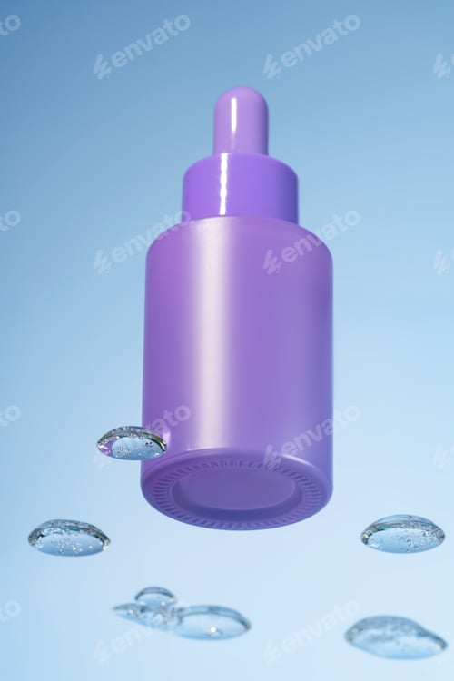 Preview: Violet dropper bottle of cosmetic product with serum on a glass shelf and water drops