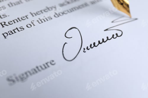 Preview: Fountain pen leaving signature on contract, closeup