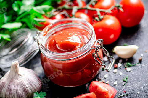 Preview: Tomato sauce in a glass jar with parsley and garlic.