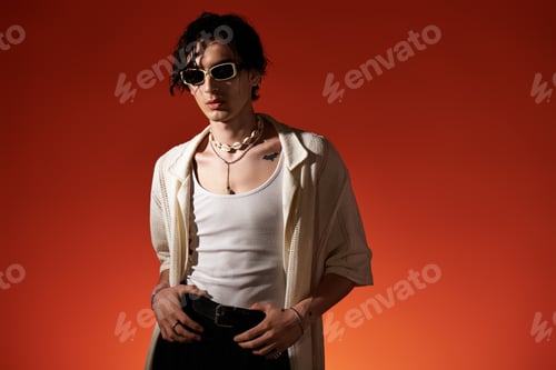 Preview: Stylish young man showcases trendy summer outfit against vibrant backdrop